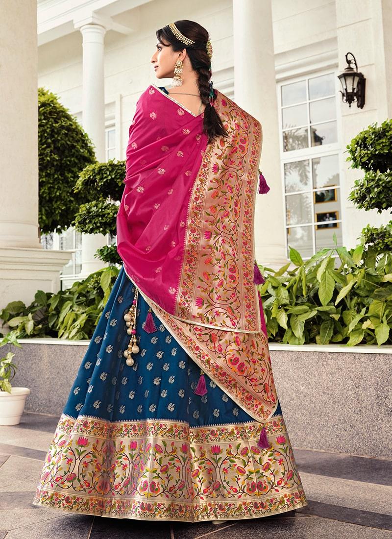 Digital Print Blue Color Silk Fabric Banarasi Lehenga With Contrast Dupatta For Sale Top Quality