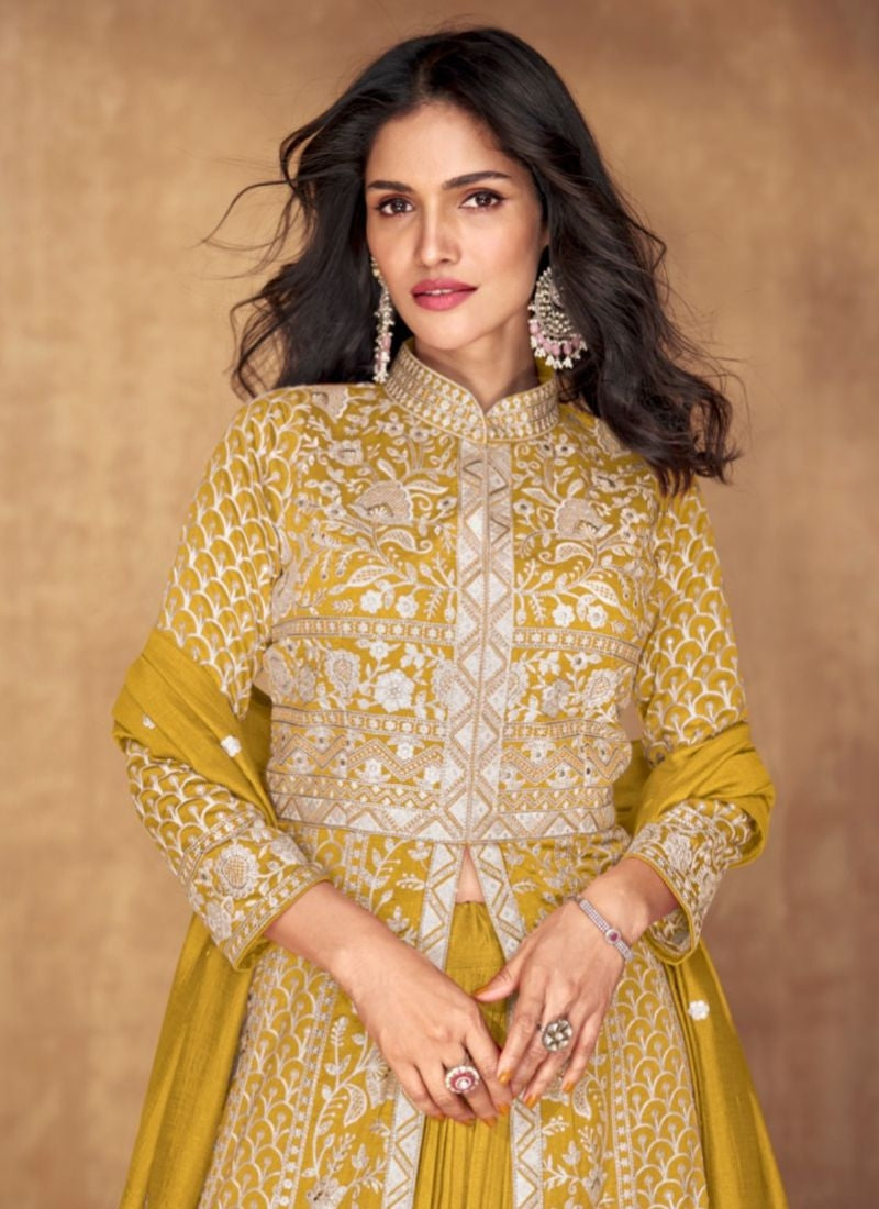 Ravishing Embroidered Silk Anarkali Gown in Yellow Clearance Shop