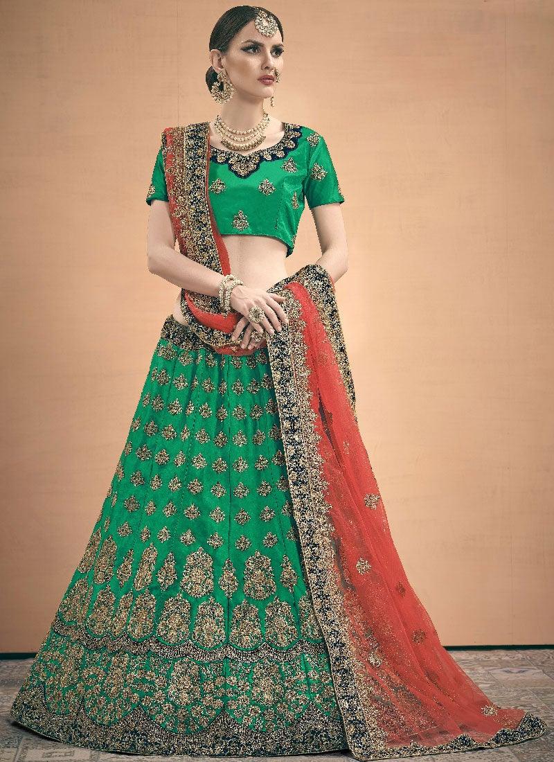 Green Color Satin Fabric Stone And Zari Work Lehenga Choli Get To Buy For Sale