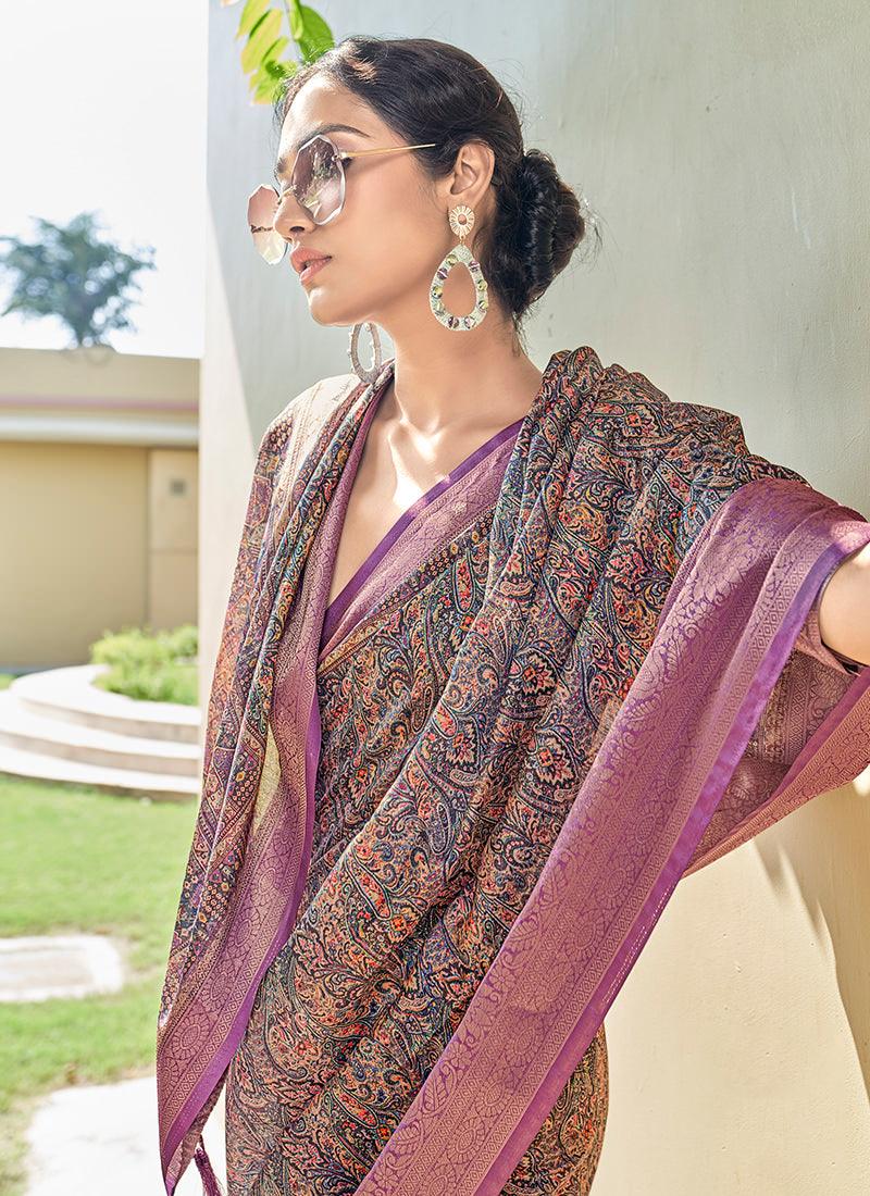 Silk With Digital Print Purple Floral Saree Websites Online