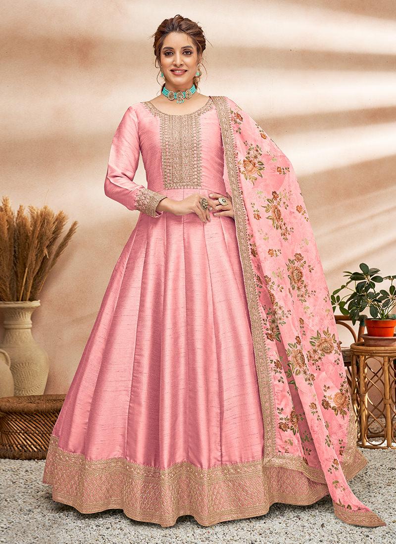 Embroidered Art Silk Fabric Pink Gown Free Shipping Outlet