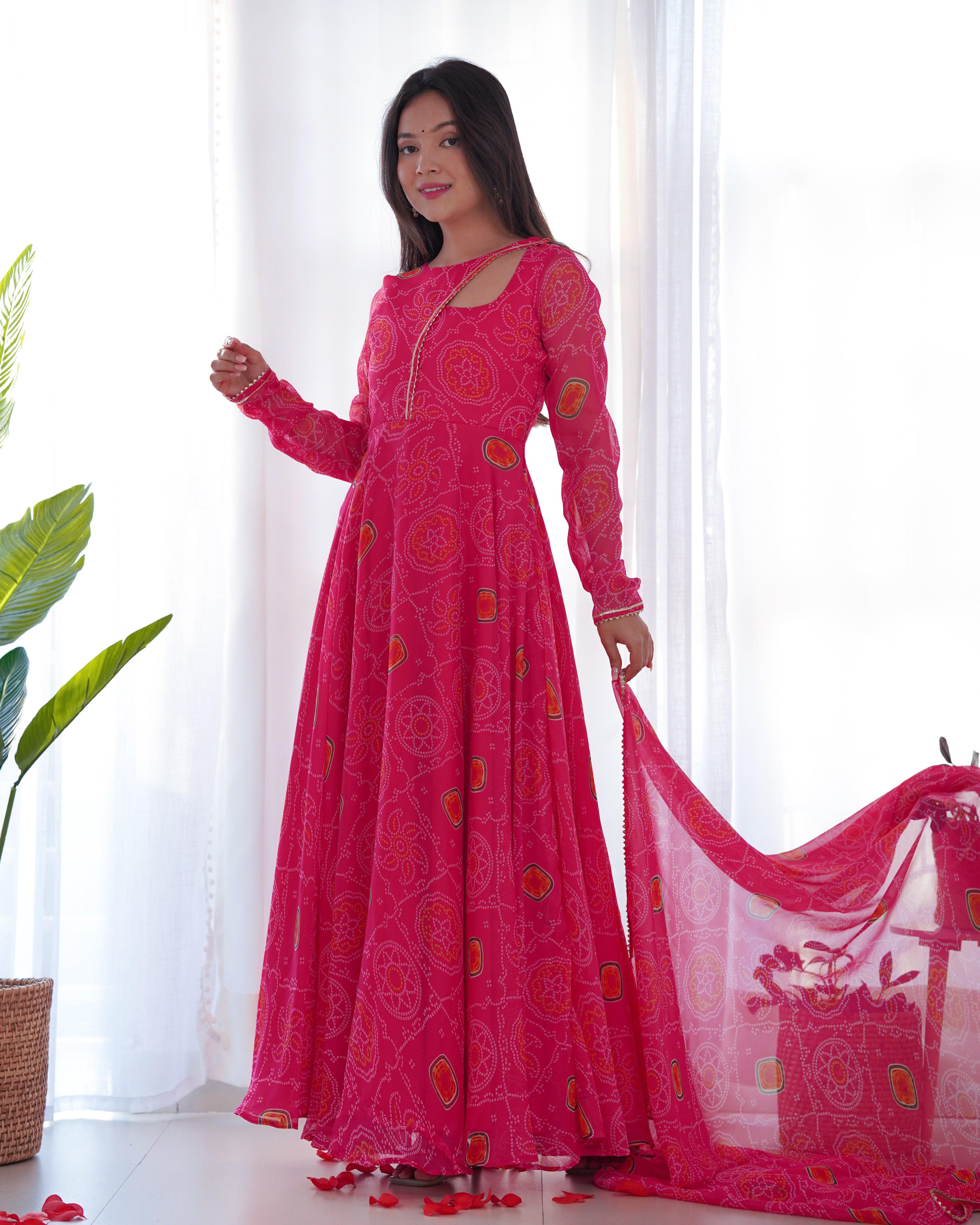 Pink Pure Chiffon Bandhej Printed Gown With Dupatta Buy Cheap Largest Supplier