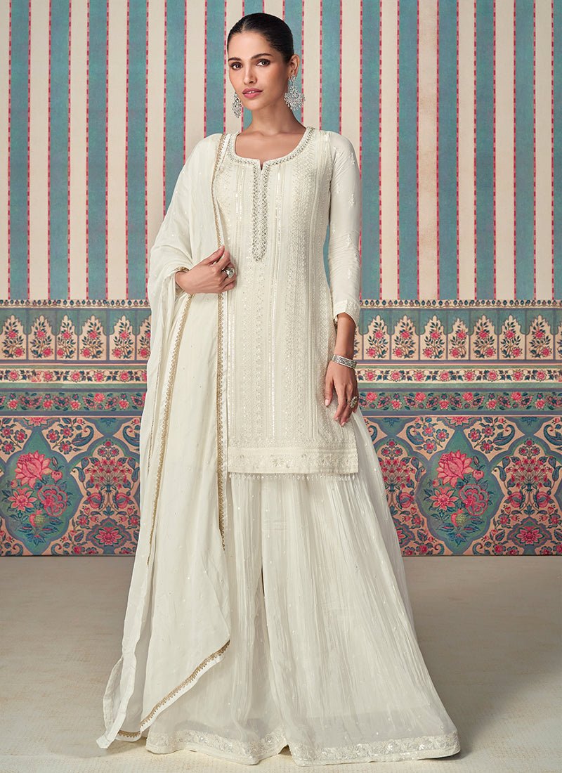 Exquisite Pearl White Embroidered Chinon Sharara Suit Sale 2025 Newest