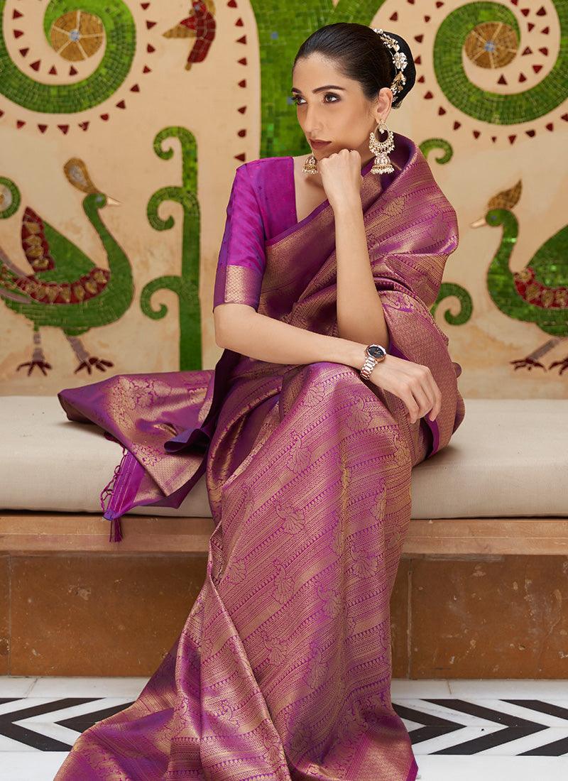 Ethnic Wear Purple Color Silk Material Saree With Silk Weave Free Shipping Huge Surprise