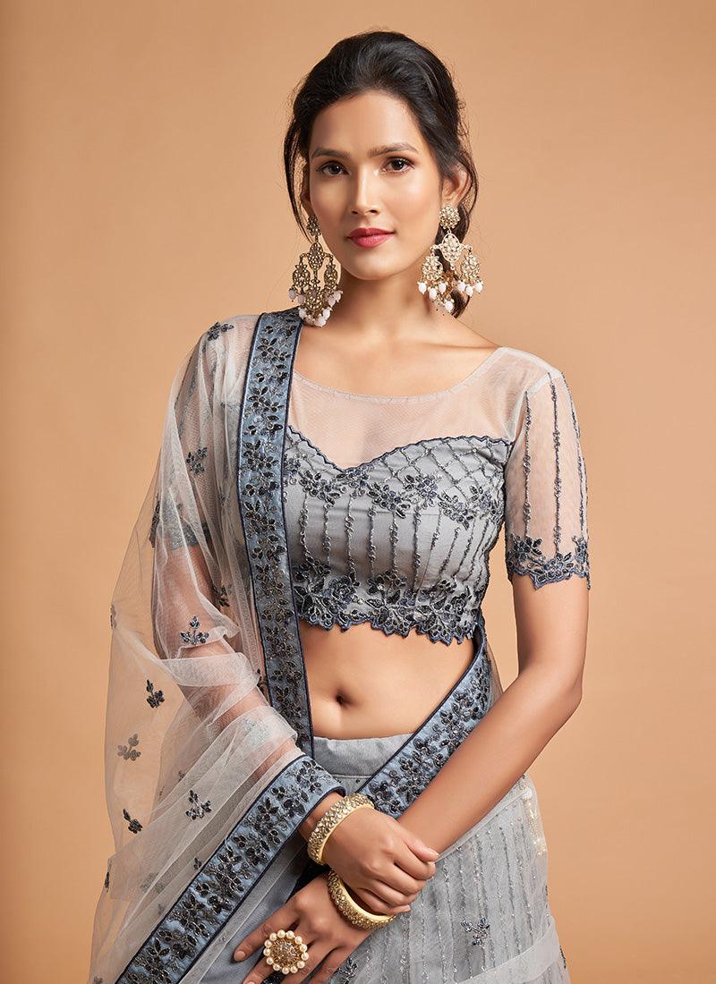 Grey Color Soft Net Embroidered Lehenga Choli With Thread Work Outlet Where Can You Find