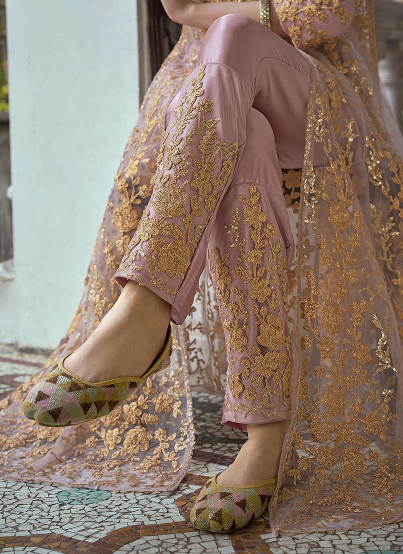 Resham Work Pink Soft Net Slit Cut Suit Sale With Paypal