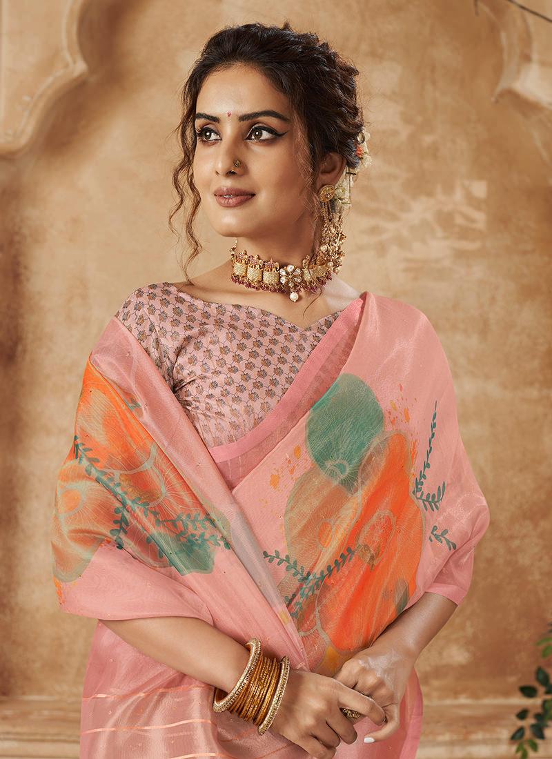 Organza Base Printed Pink Floral Saree Discount For Nice