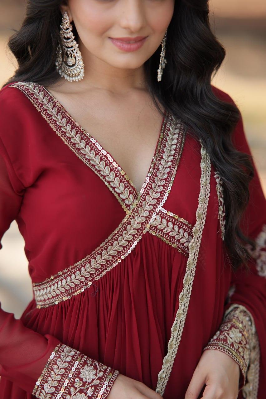 Elegant Maroon Embroidered Anarkali Gown Discount 2025 New