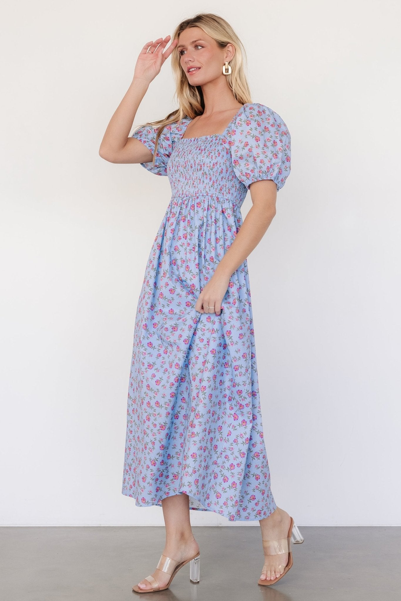 Haddie Smocked Midi Dress | Light Blue + Rose Floral For Sale Cheap Online