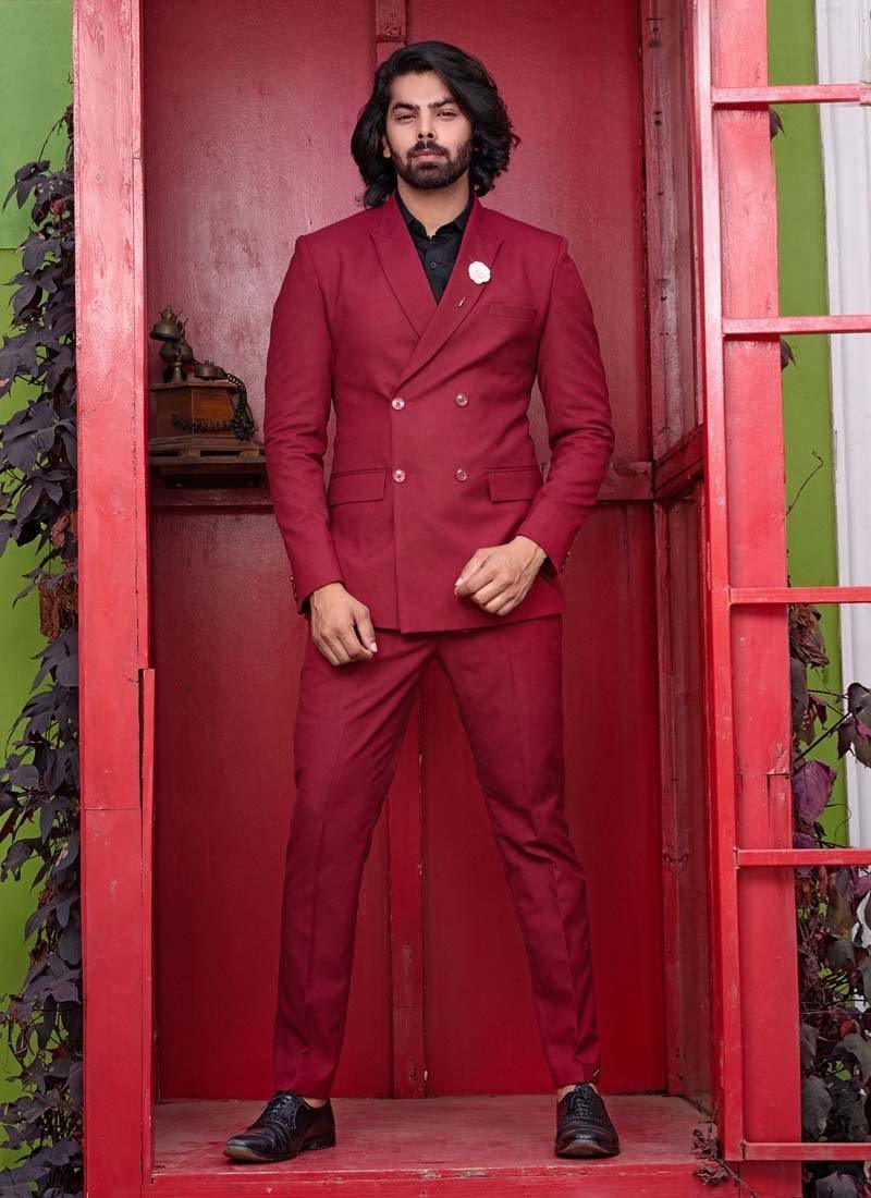 Red Color Polyester And Viscose Base Double Breasted Slim Fit Suit Discount Low Shipping Fee