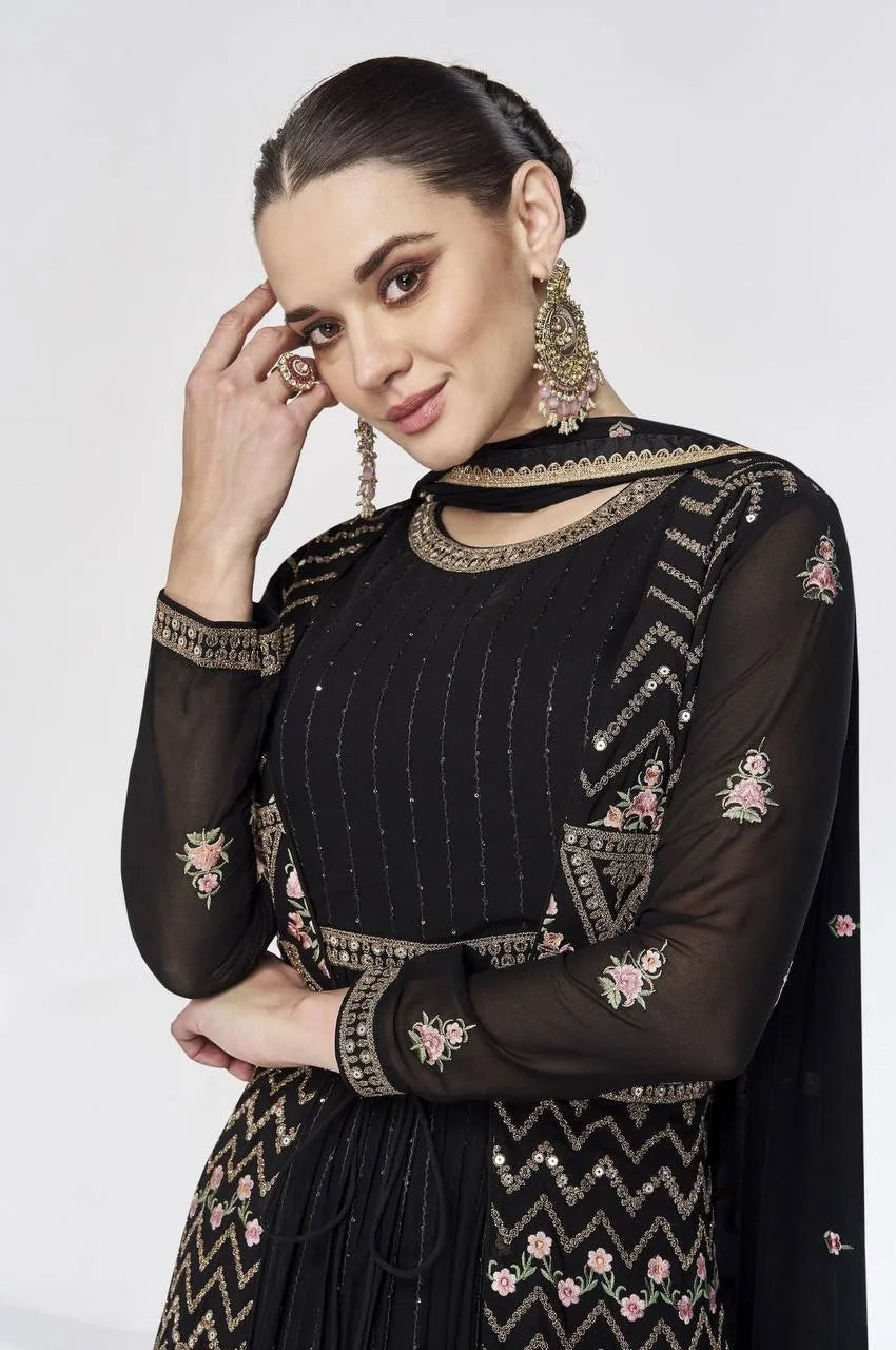 Classic Black Embroidered Faux Georgette Gown With Jacket Pay With Paypal