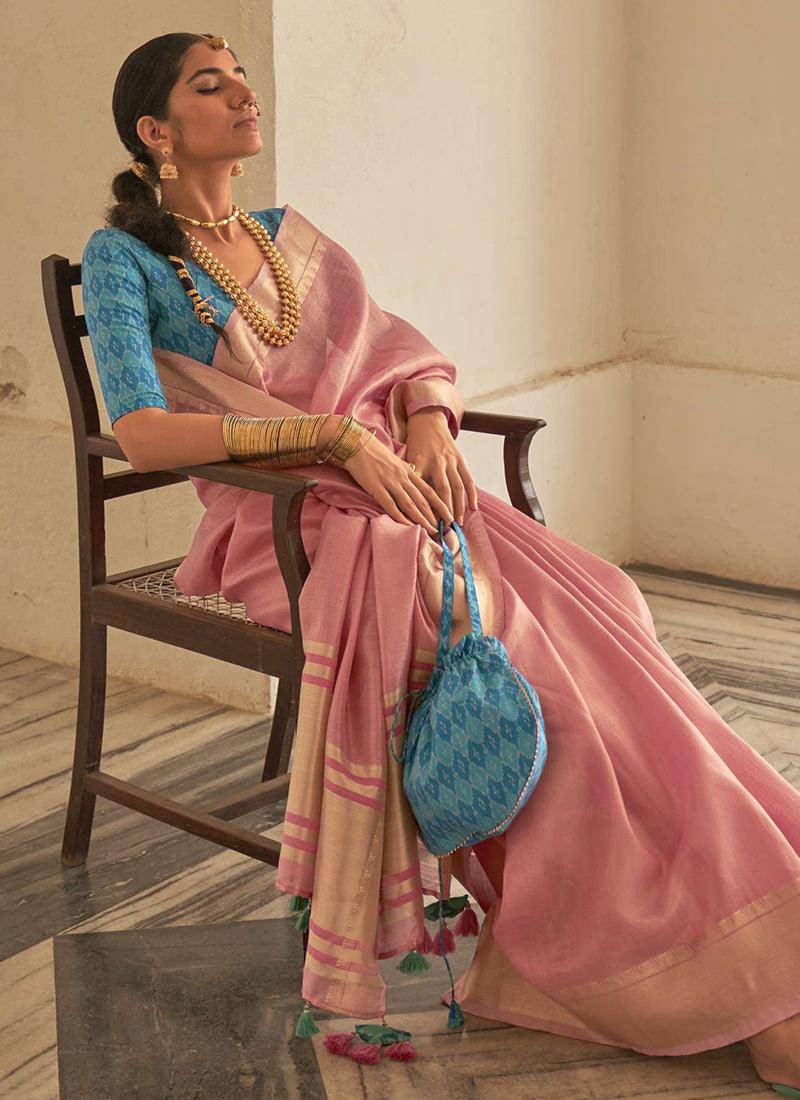 Pink Organza Saree With Contrast Blouse Cheap Sale Low Pice Fee Shipping