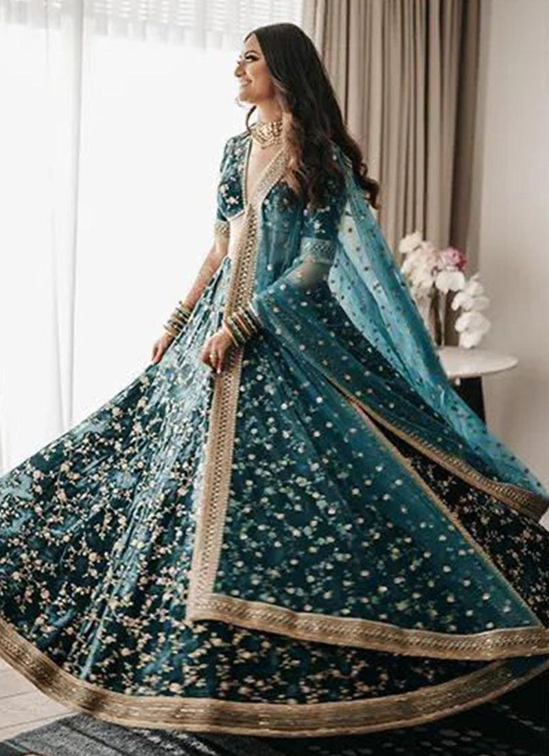 Teal Green Color Velvet Material Sequins Work Lehenga Choli Sale 100% Authentic