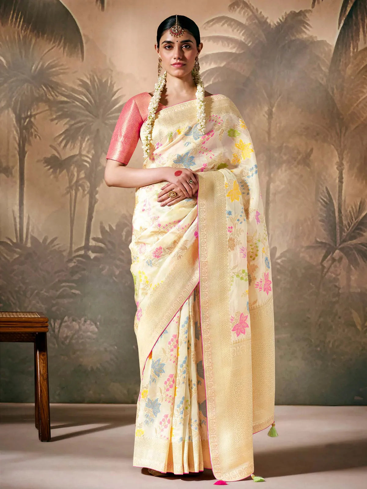 Superb Off-White Paithani Banarasi Silk Saree with Floral Motifs Sale Low Shipping Fee