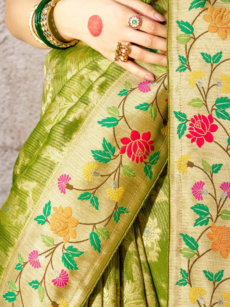 Comforting Light Green Banarasi Silk Saree Floral Embroidered Shop Offer Cheap Online