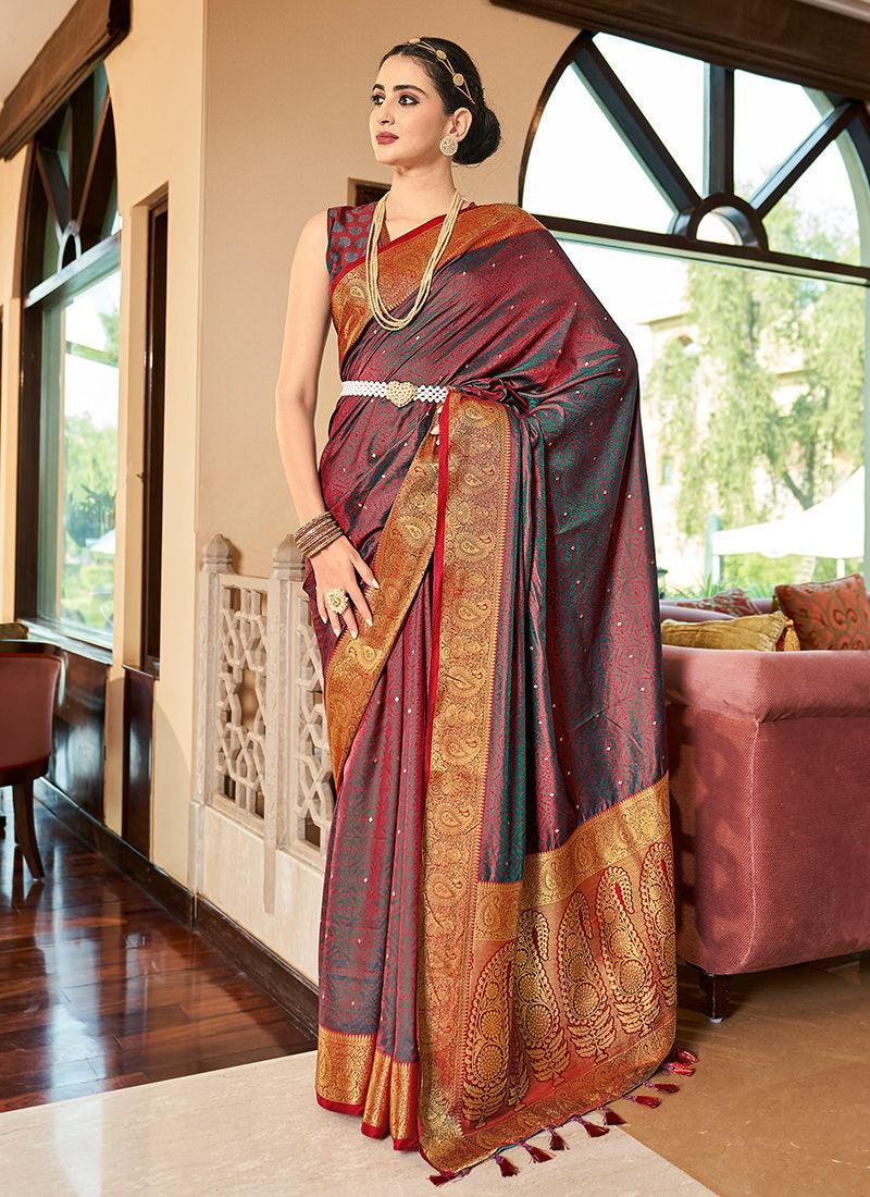 Wine Color Soft Silk Two Tone Fabric Saree Free Shipping Fast Delivery