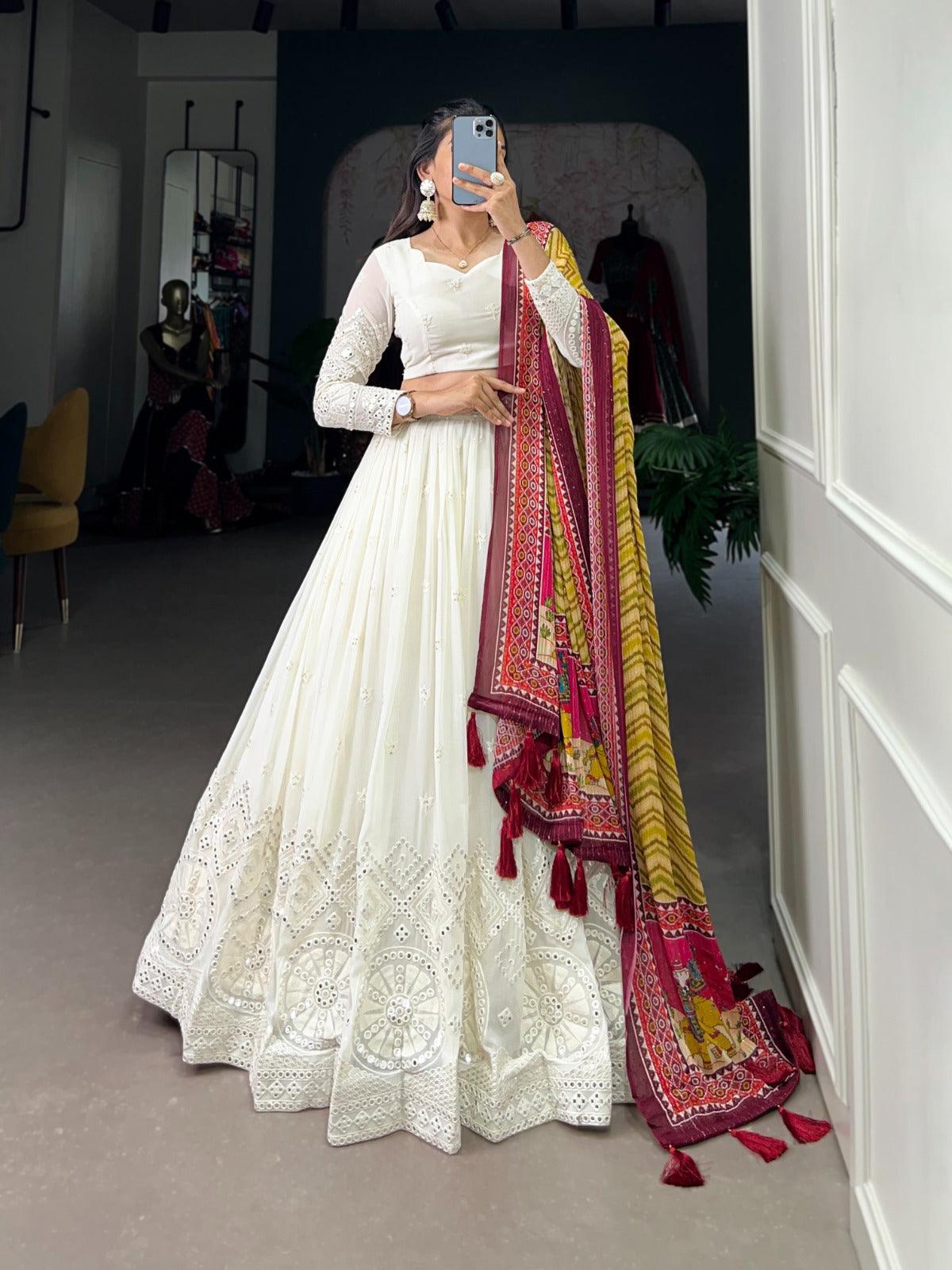 White Georgette Lucknowi Foil Mirror Worked Lehenga Choli Free Shipping Manchester Great Sale