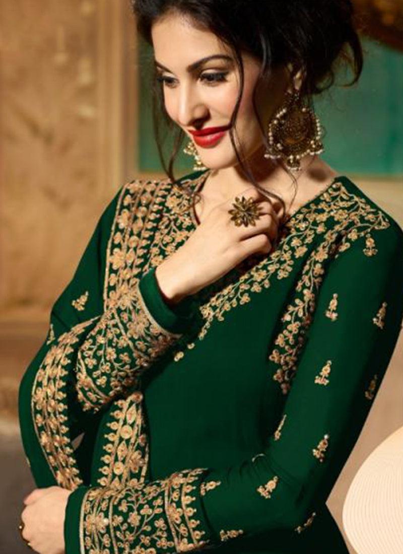 Georgette Base Party Wear Dark Green Gown Free Shipping Big Discount