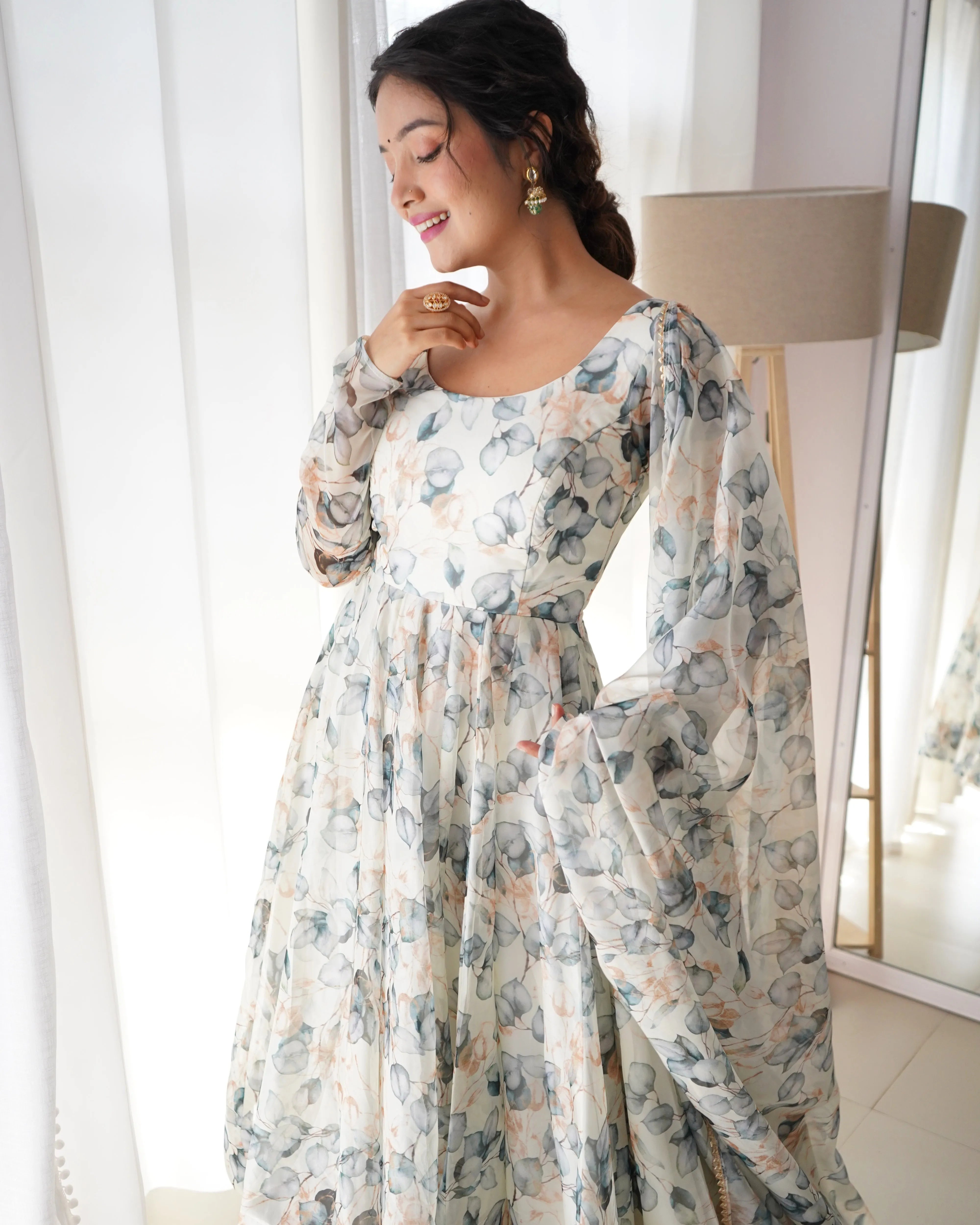 Off White Organza Silk Floral Digital Printed Anarkali Pant Suit Free Shipping Sale Online