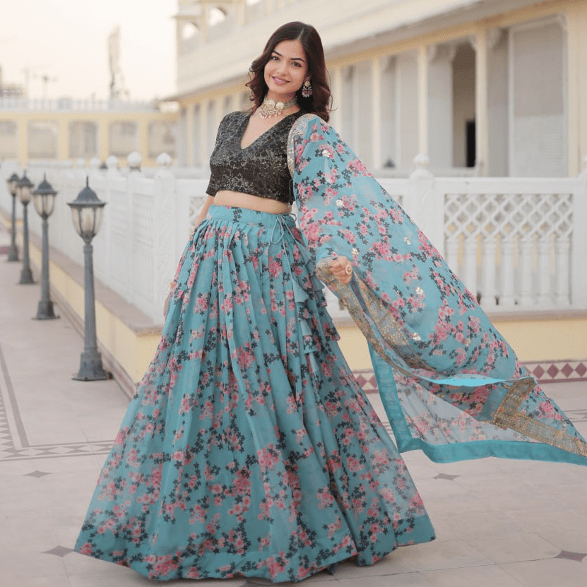 Sky Blue Silk Printed Lehenga with Embroidered Blouse Collections