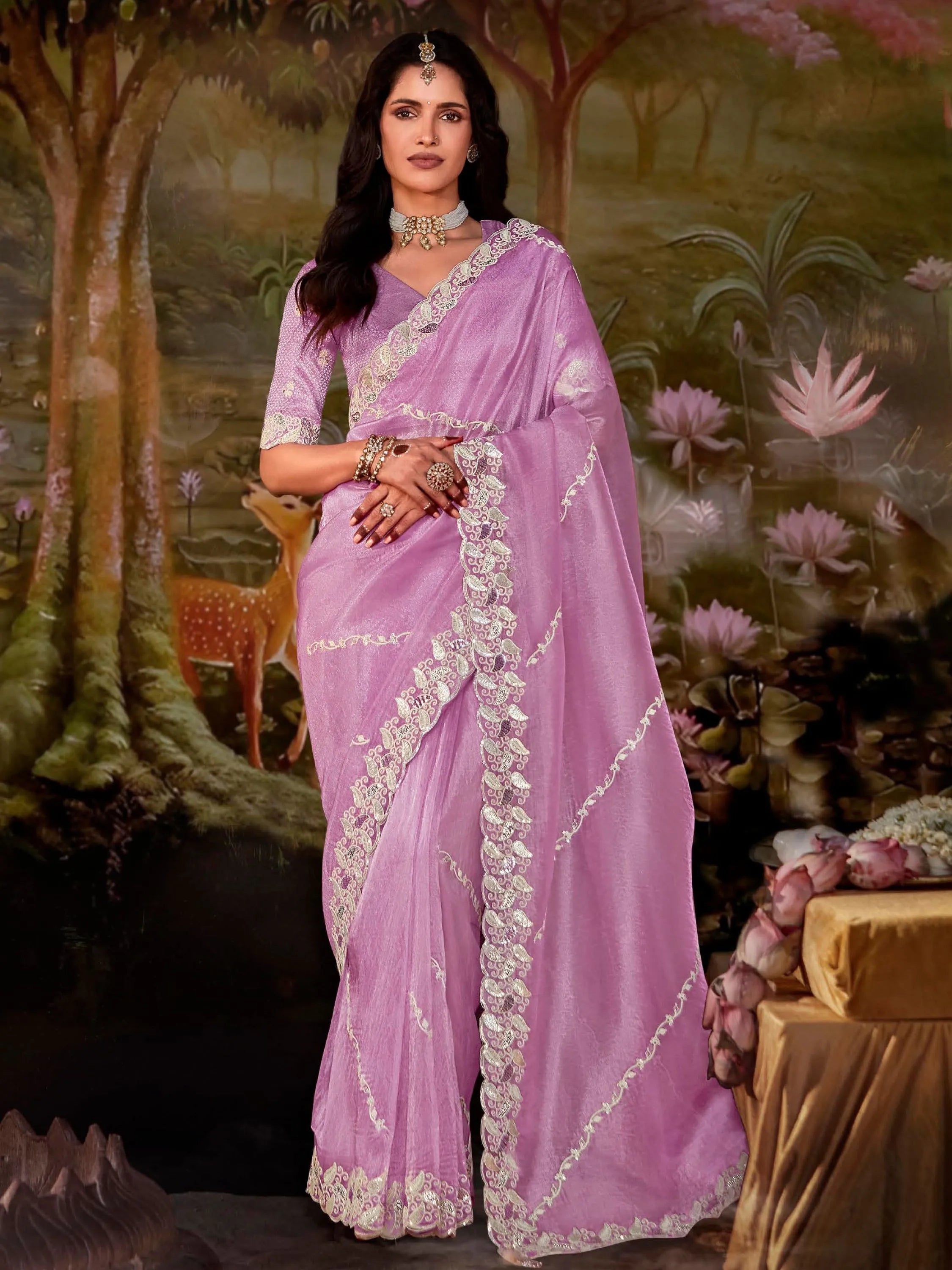 Lovely Lavender Organza Sequins Embroidered Designer Saree Fashionable Cheap Online