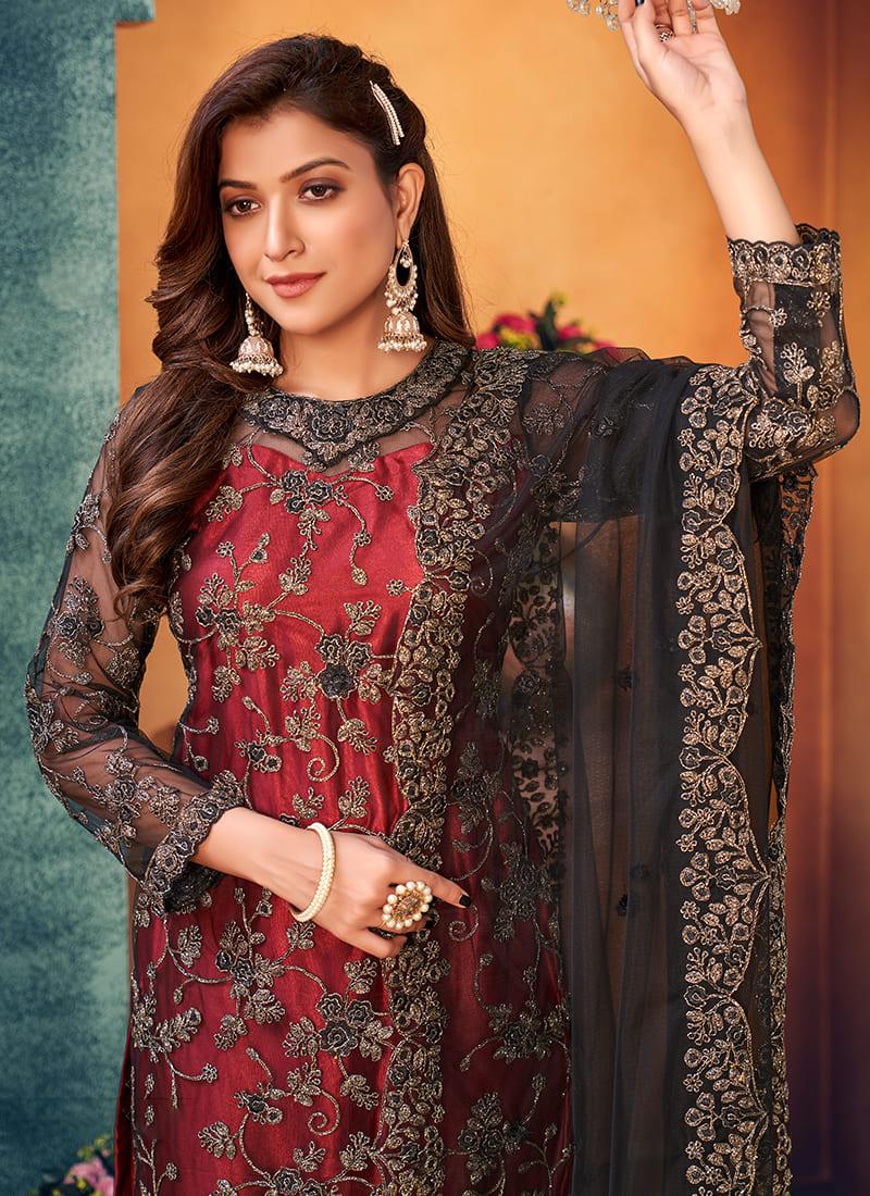 Maroon Net Embroidered Pant Style Suit Best Wholesale Cheap Pice