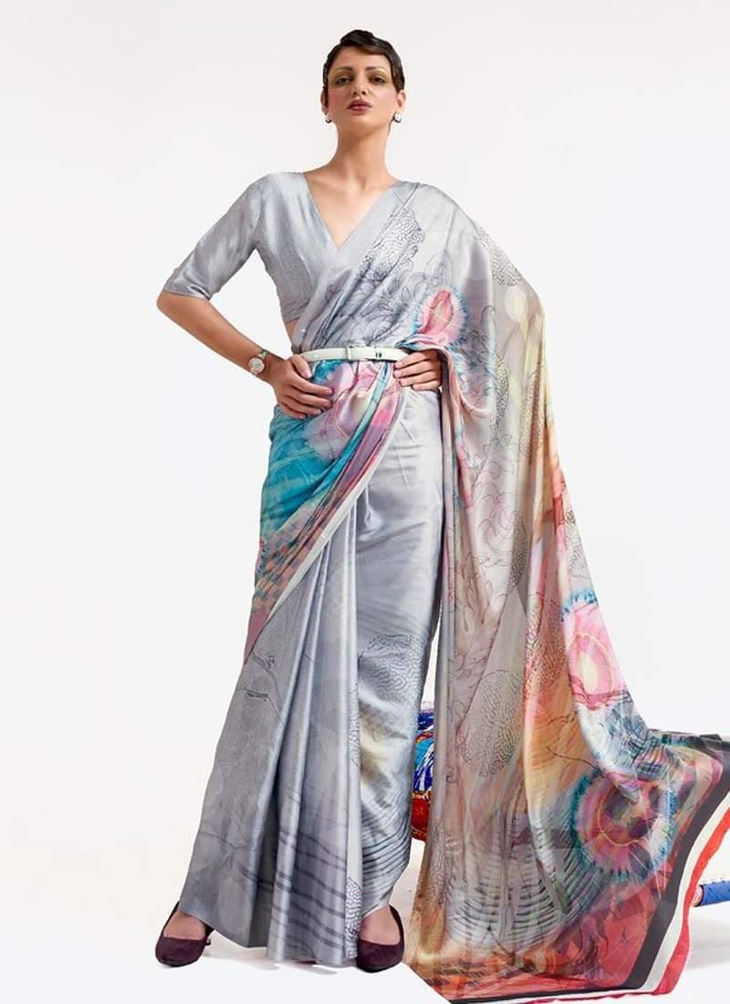 Light Grey Crepe Fabric Half Sleeves Printed Saree Sale New