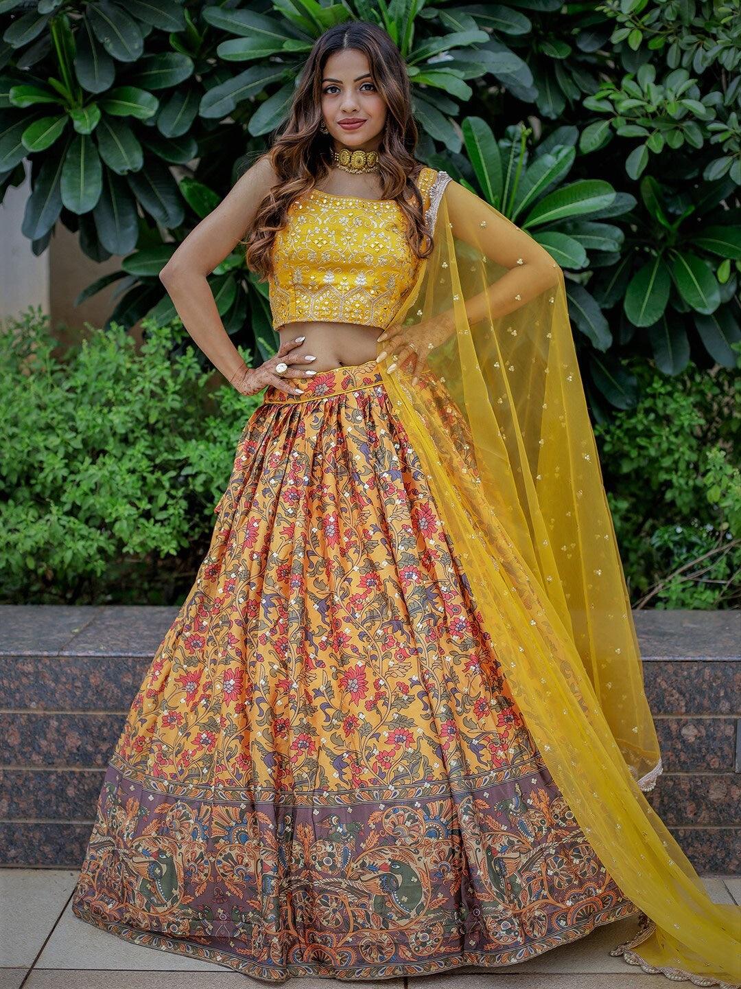 Yellow Silk Embroidered and Printed lehenga choli For Sale Online