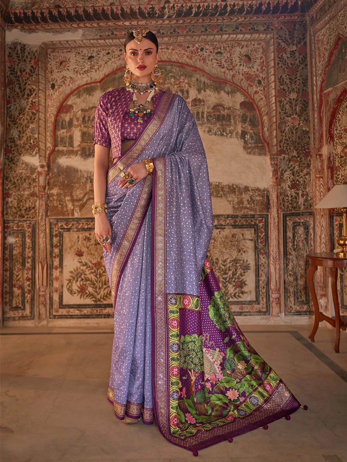 Luminous Lavender Designer Rajwadi Printed  Silk Saree Pay With Visa Sale Online