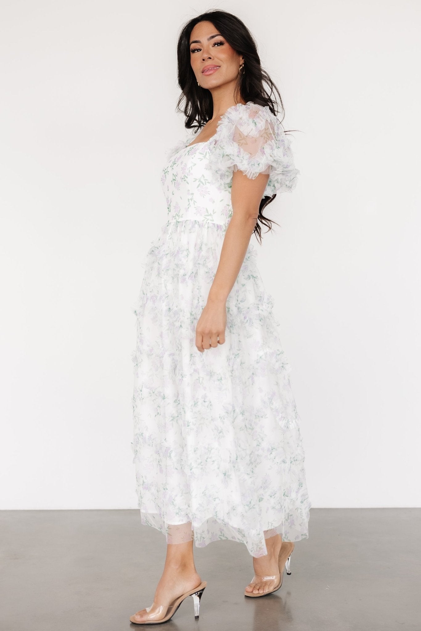 Kiera Ruffle Dress | Off White + Lavender Cheap Sale Newest