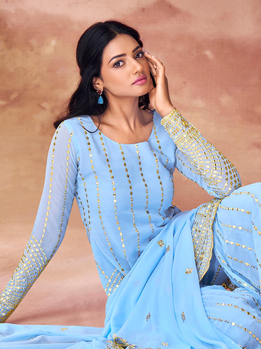 Sky Blue Embroidered Full Sleeve Sharara Suit With Credit Card