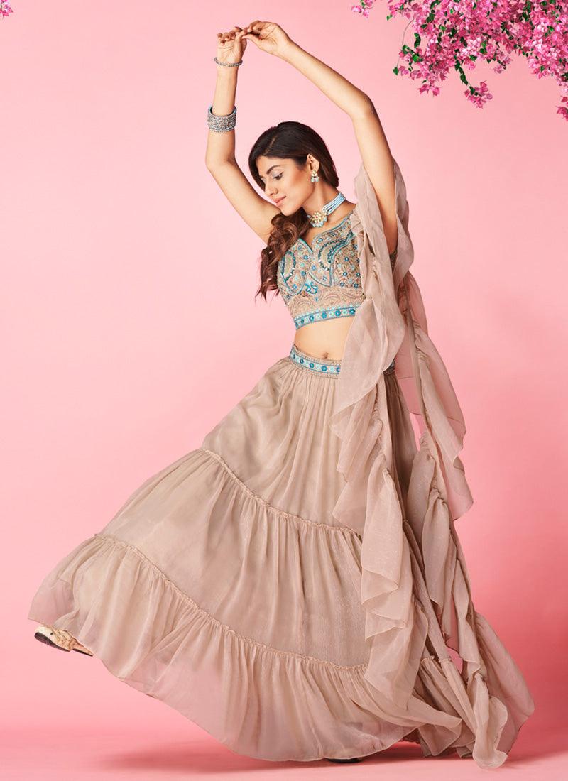 Rose Taupe Color Chiffon Base Lehenga Choli With Ruffle Dupatta Free Shipping