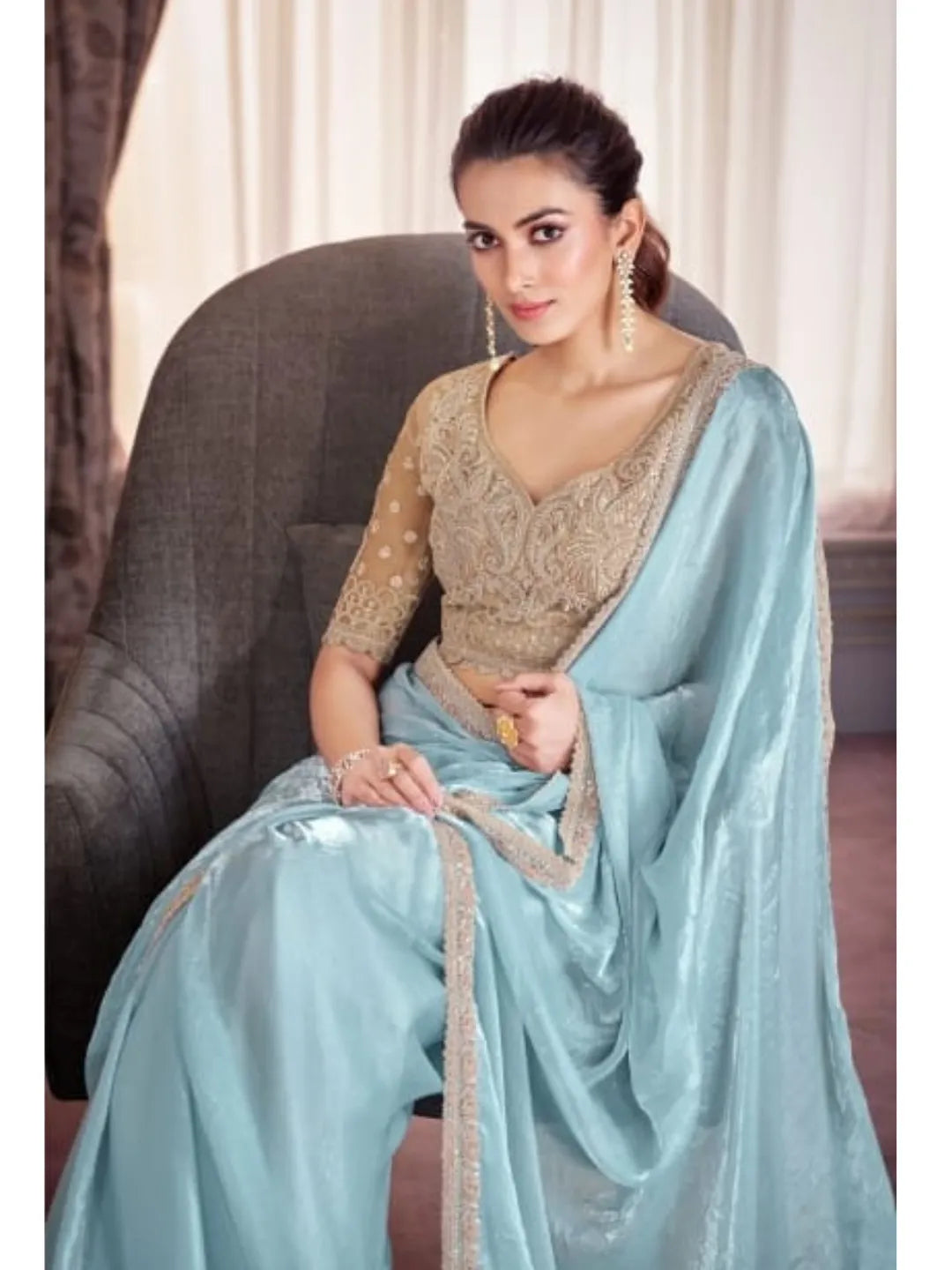 Captivating Cloudy Blue Satin Organza Embroidered Saree Cheap Sale Store