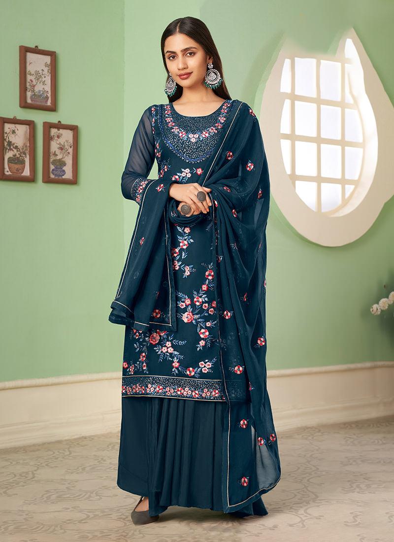 Teal Blue Georgette Palazzo With Dupatta Geniue Stockist Cheap Online