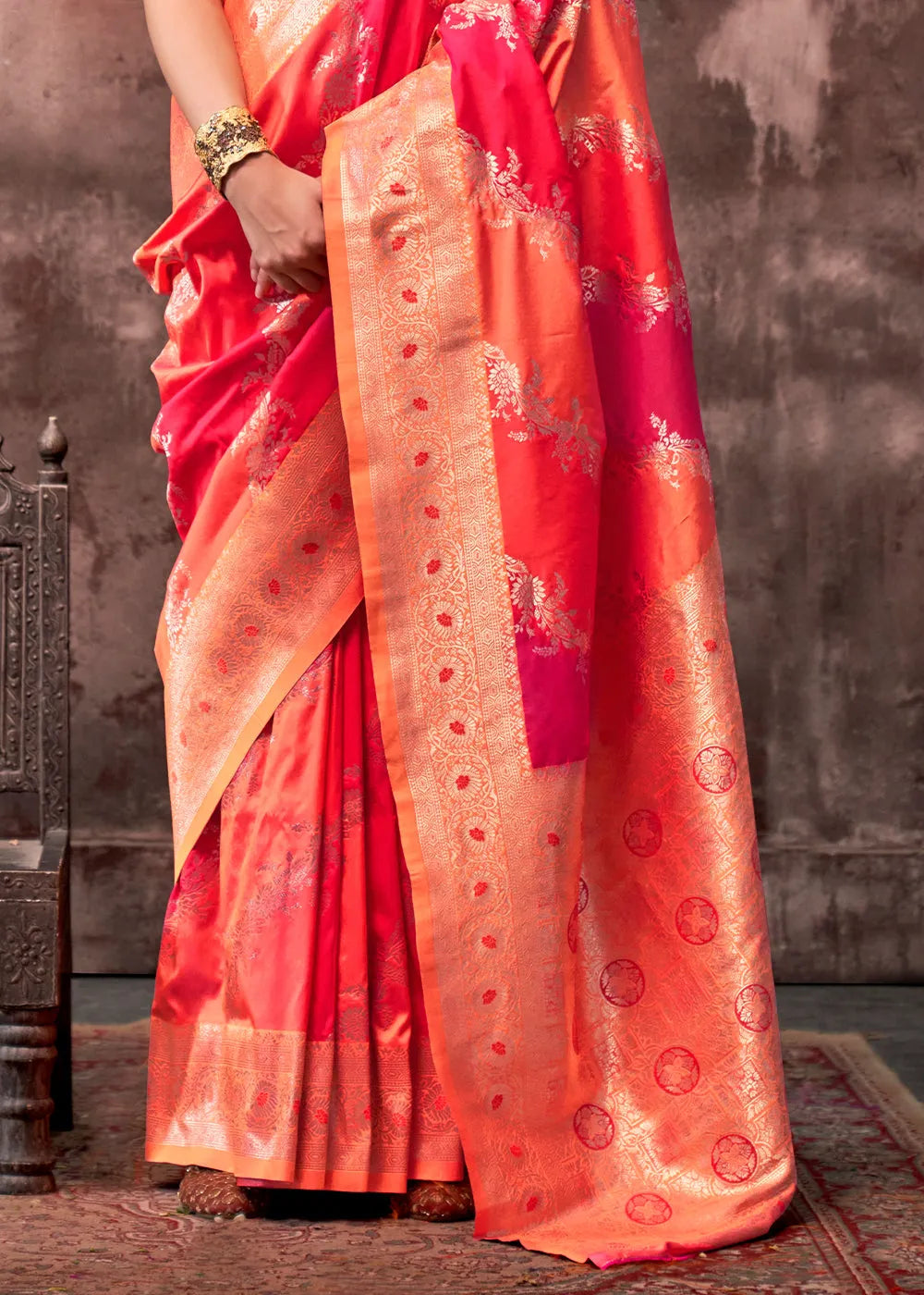 Radiant Orange-Pink Rangkaat Handloom Silk Saree Free Shipping Fashionable