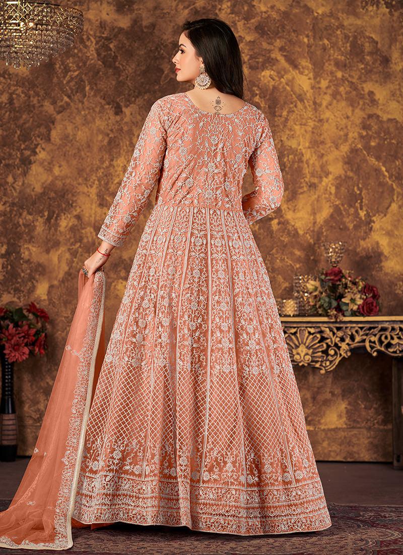 Peach Color Net Base Embroidered Gown Order