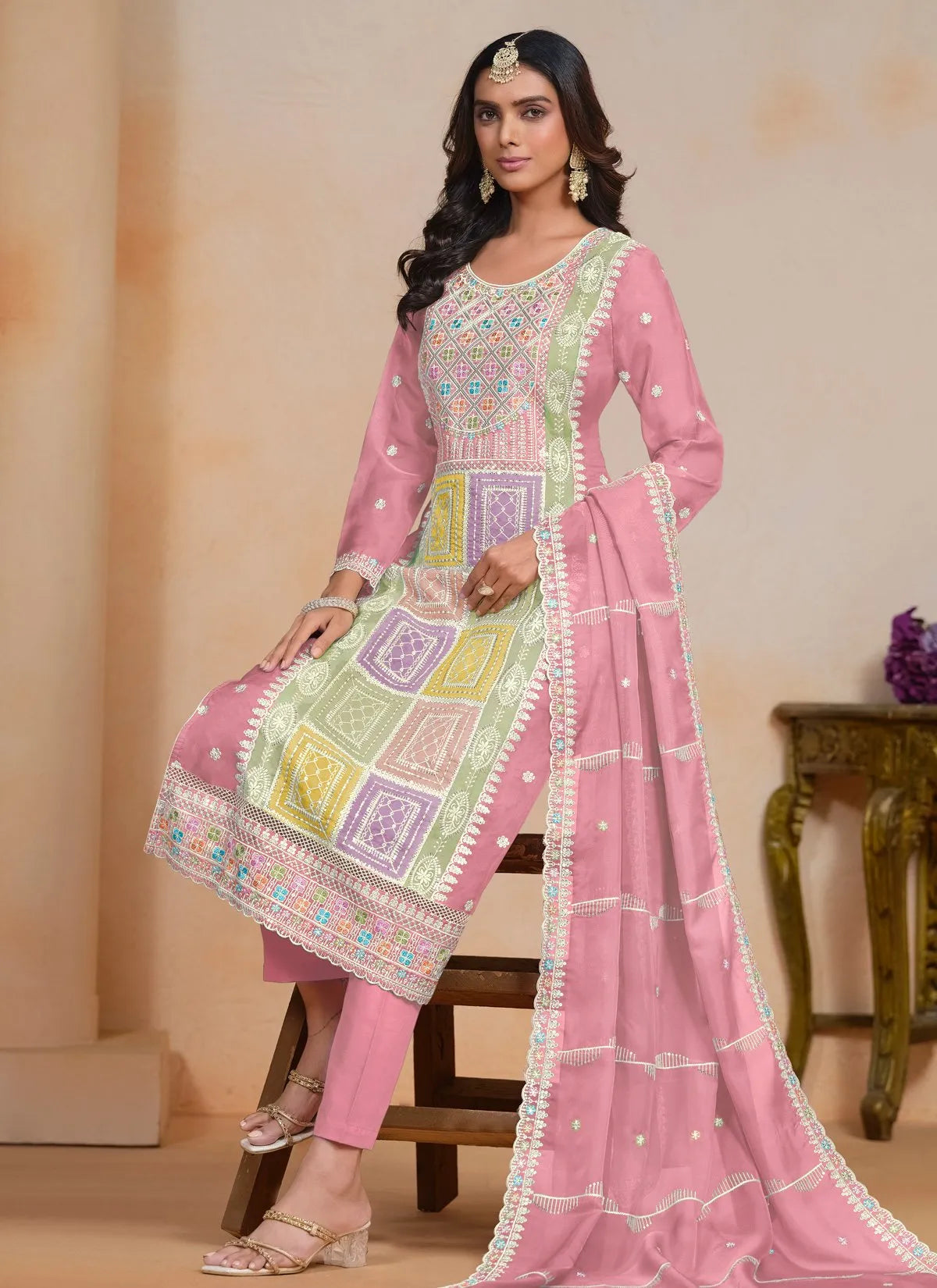 Magical Light Pink Embroidered Organza Salwar Kameez Countdown Package