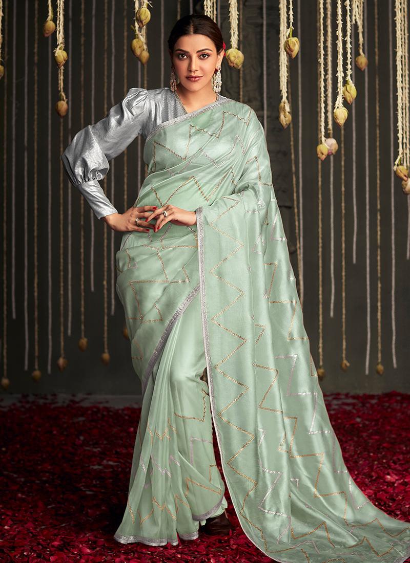 Juliet Sleeves V-Neck Green Bollywood Saree Extremely Cheap Online