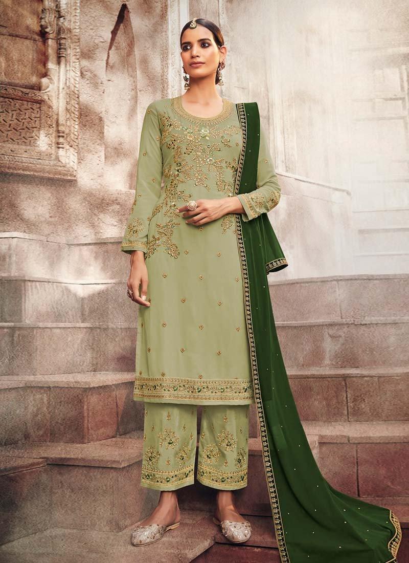 Pastel Green Color Georgette Fabric Resham Work Pant Style Salwar Suit Cheap Sale Professional