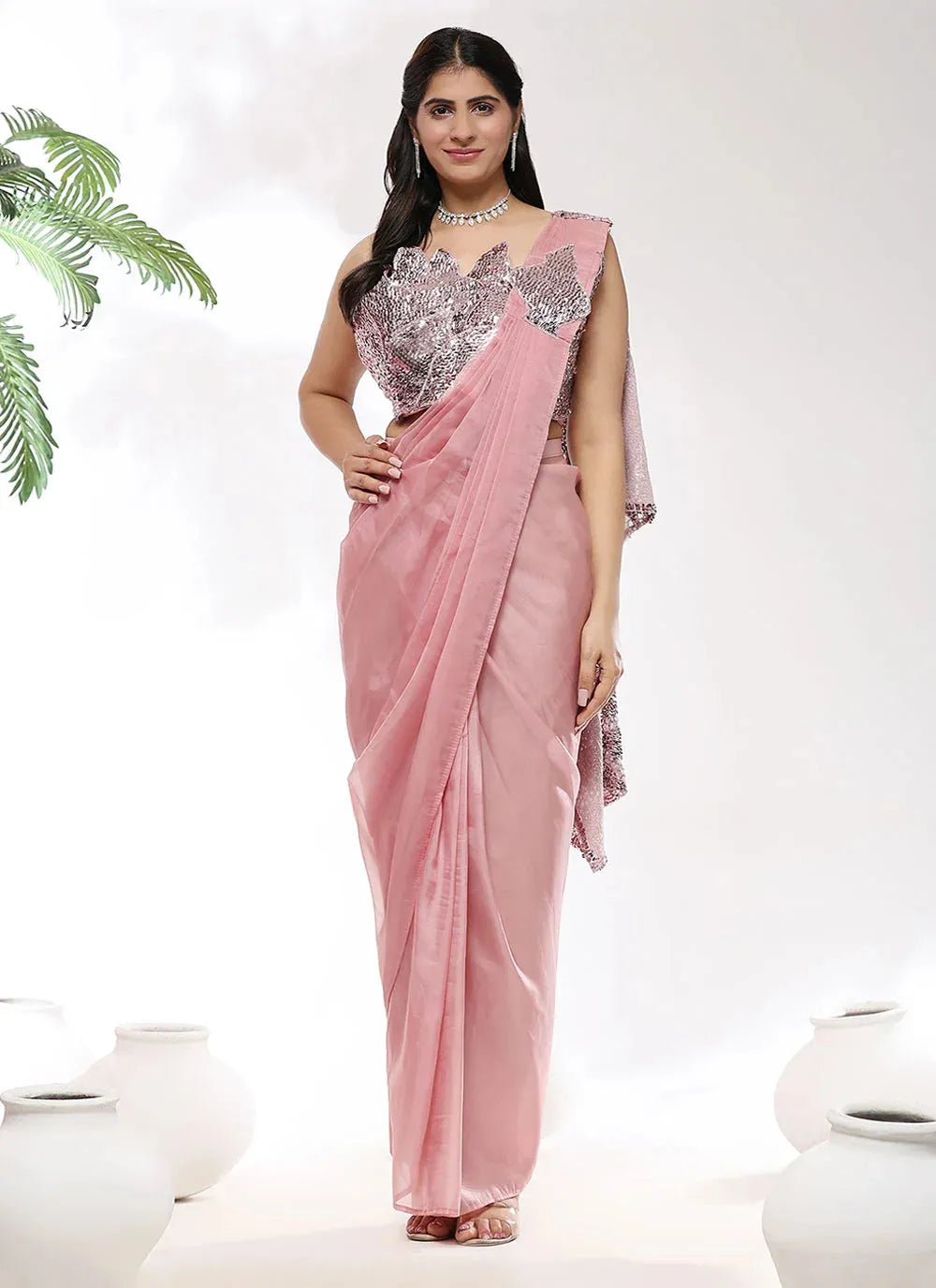 Rose Pink Organza Silk Sequins Embroidered Ready To Wear Saree Discount View