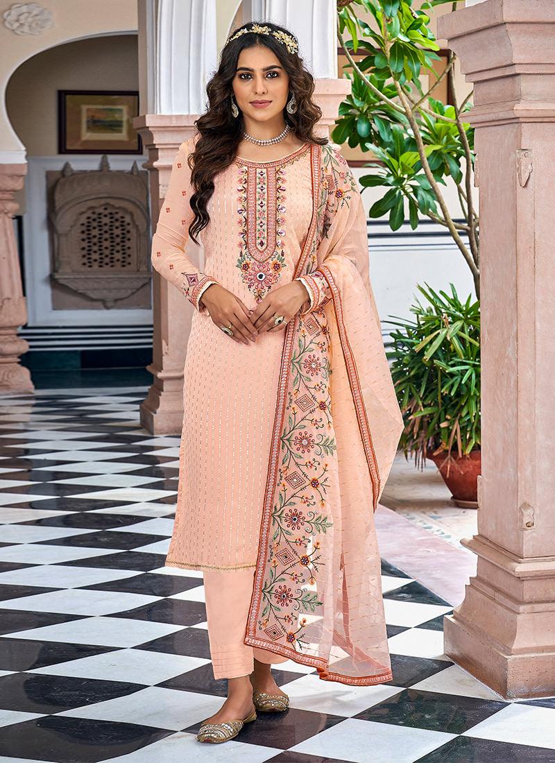 Light Peach Georgette Pant Style Suit Low Pice Fee Shipping Online