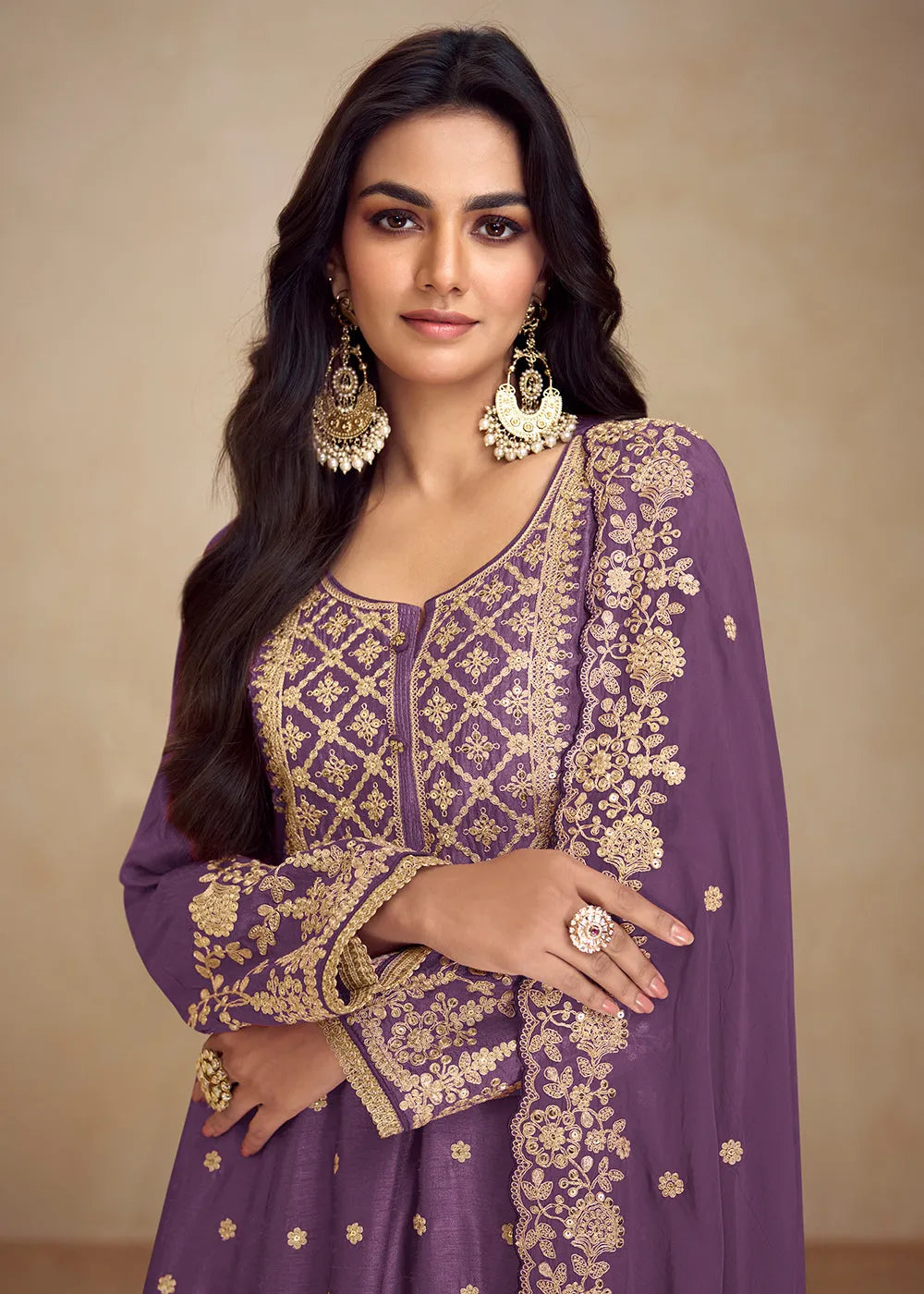 Designer Pure Chinnon Purple Embroidered Palazzo Suit Hot Sale Cheap Pice