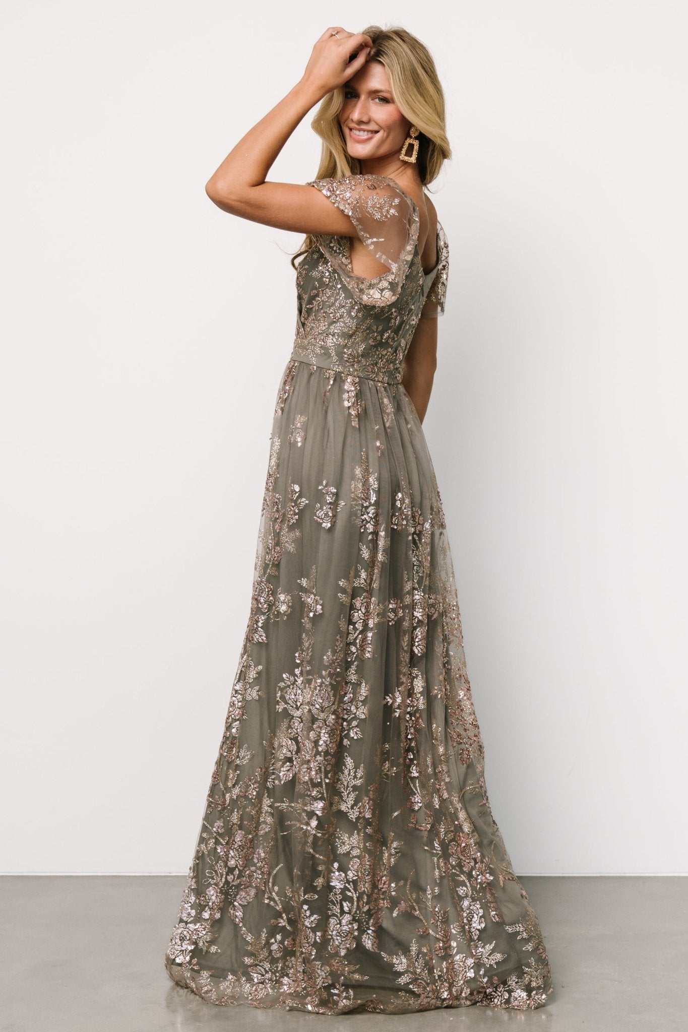 Corinne Shimmer Maxi Gown | Dark Sage + Rose Gold Marketable Cheap Pice