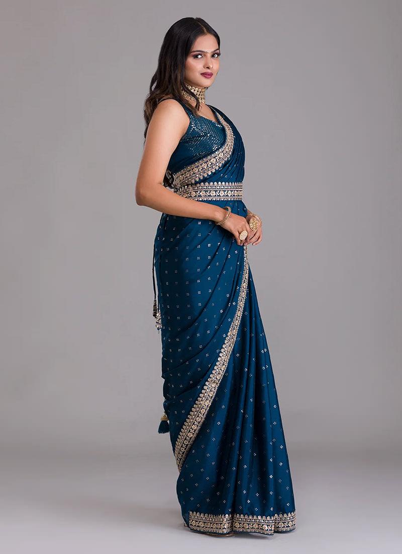 Heavy Sequins Blouse With Navy Blue Saree Official Sale Online