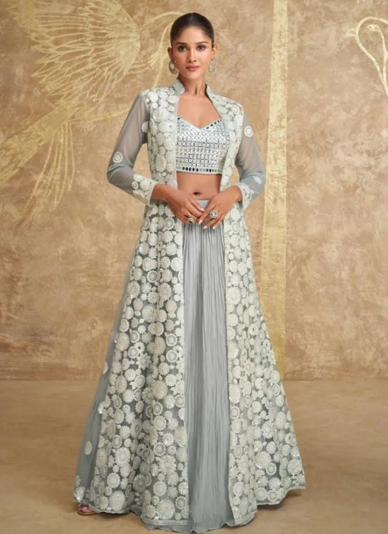 Fiery Grey Georgette Embroidered Jacket Lehenga With Crop Top Buy Cheap Choice