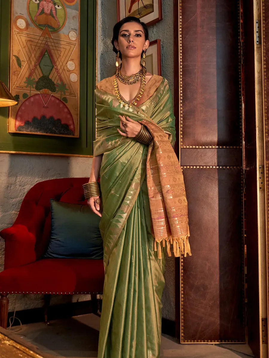 Graceful Green Tussar Silk Handloomed Saree Classic For Sale