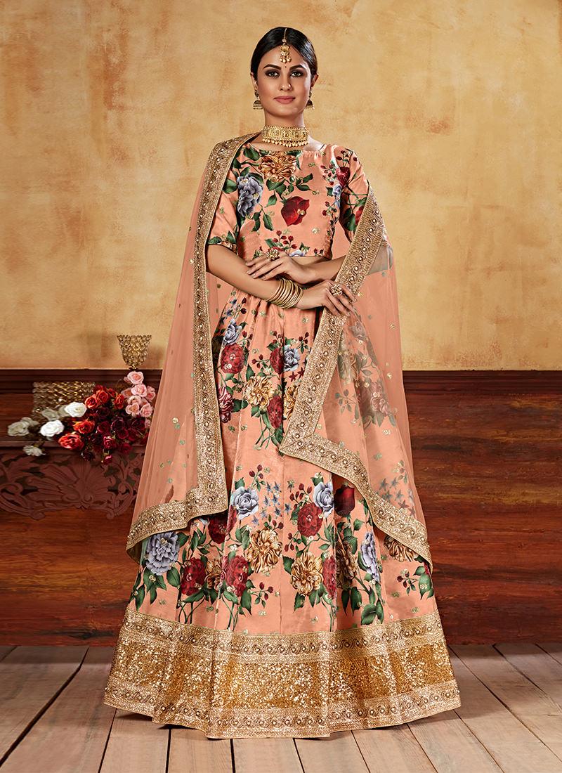 Heavy Sequins Digital Printed Orange Floral Lehenga Store Sale Online