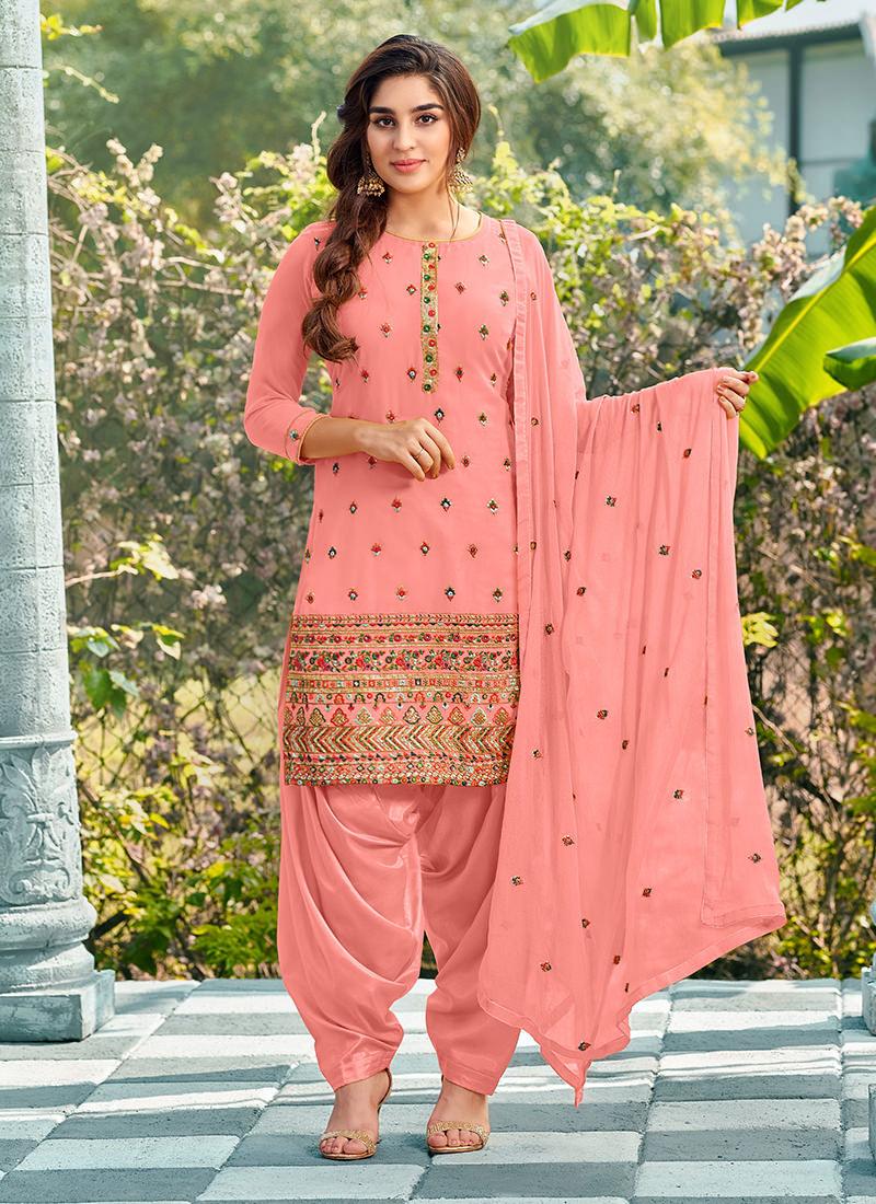 Georgette Base Peach Punjabi Salwar Suit How Much Online