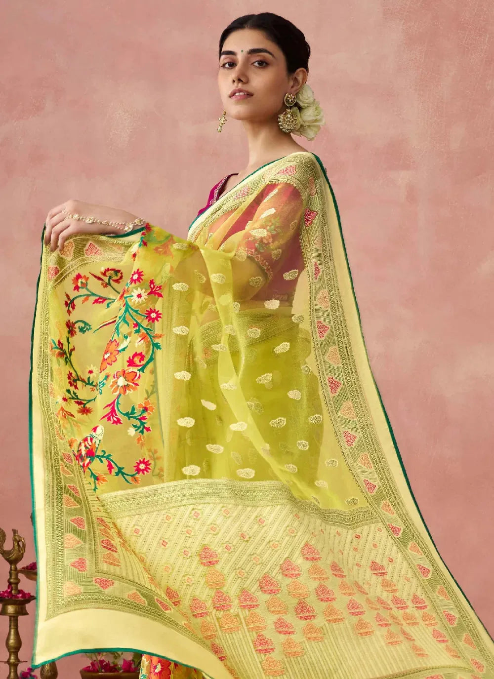 Yellow Organza Printed Embroidered Worked Designer Saree Supply