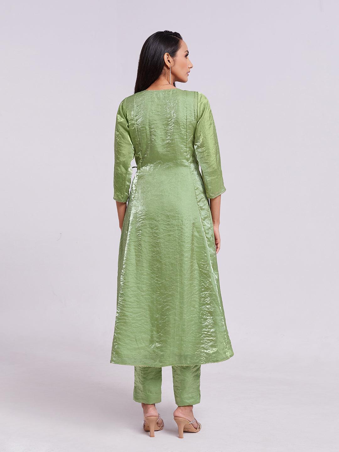 Olive Green ready-to-wear organza salwar kameez with tassels Classic For Sale